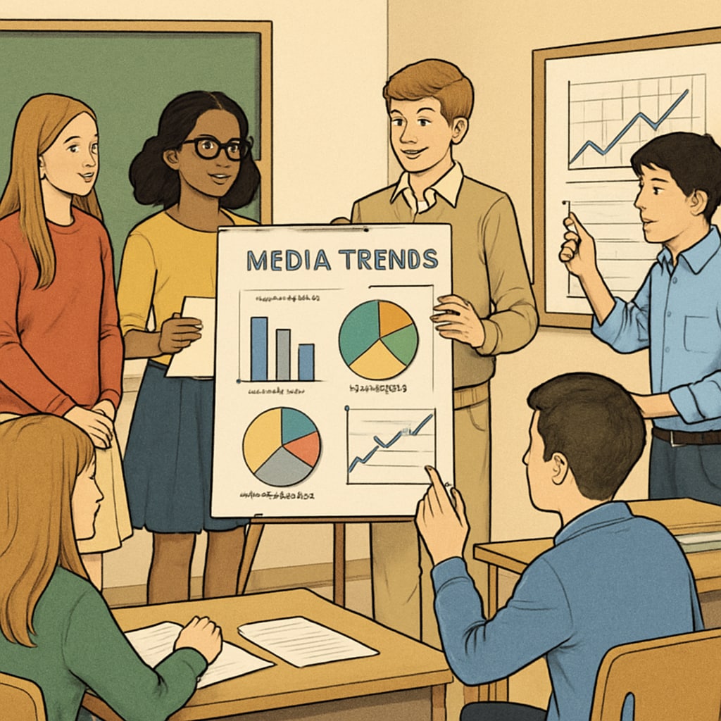 K12 students presenting media research findings using charts and visuals.