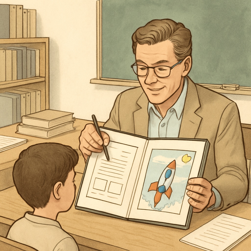A teacher reviewing a student’s portfolio, offering feedback on a mix of academic and creative work. A teacher providing feedback on a student portfolio, illustrating alternative assessment methods for education.