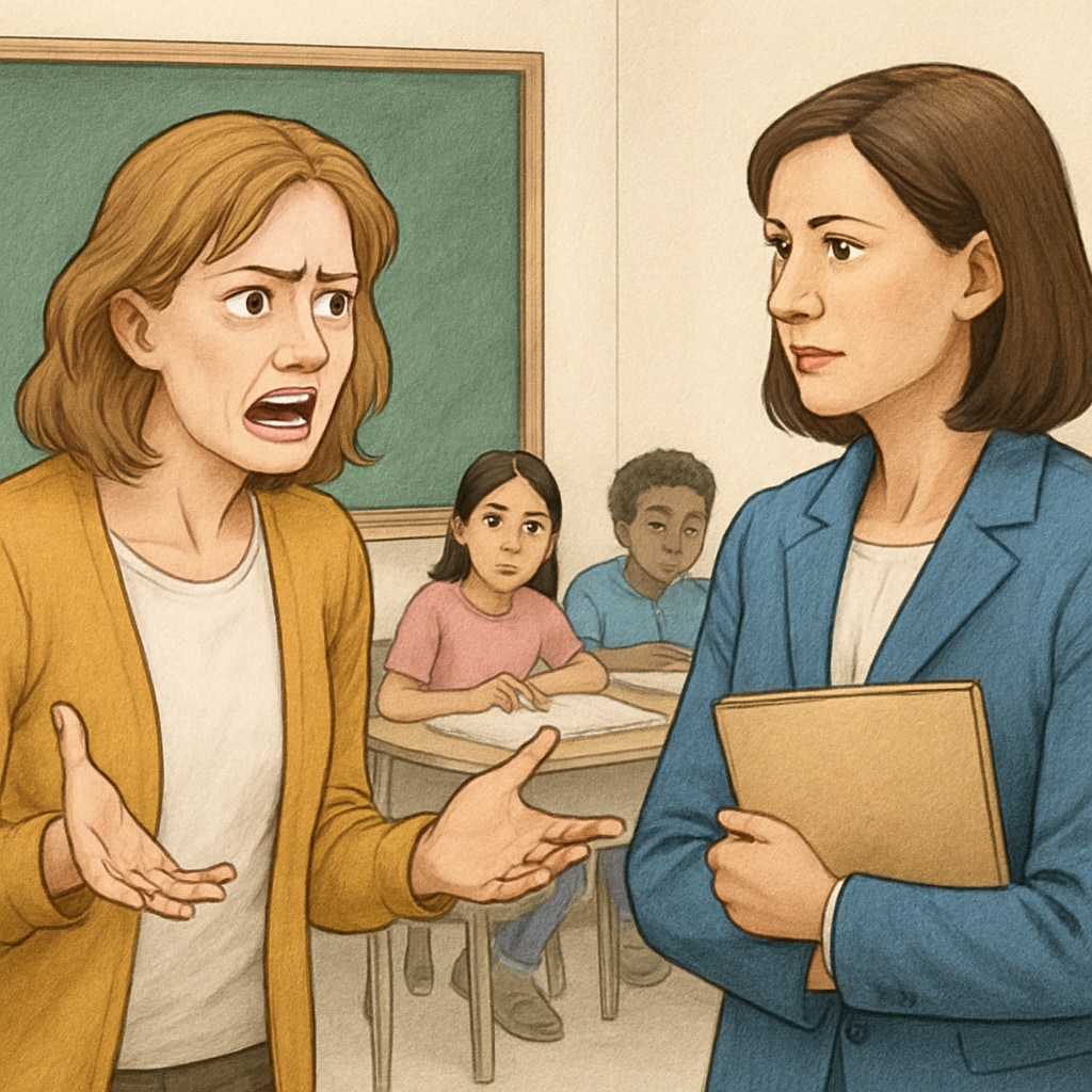 A classroom with a teacher looking frustrated while interacting with a supervisor. Teacher experiencing frustration due to an unqualified academic supervisor.