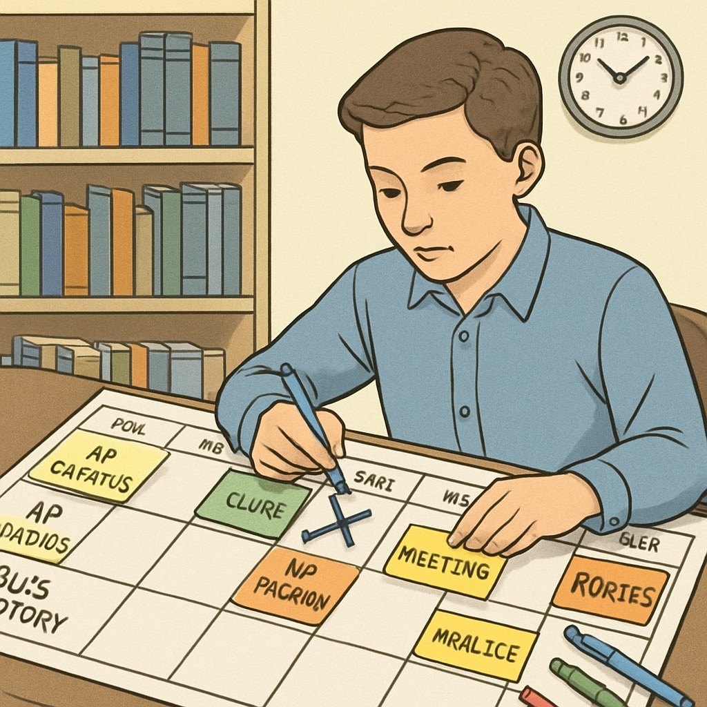 A student organizing a calendar with AP courses and extracurricular activities to plan their workload. A student planning AP courses and extracurricular activities on a calendar.