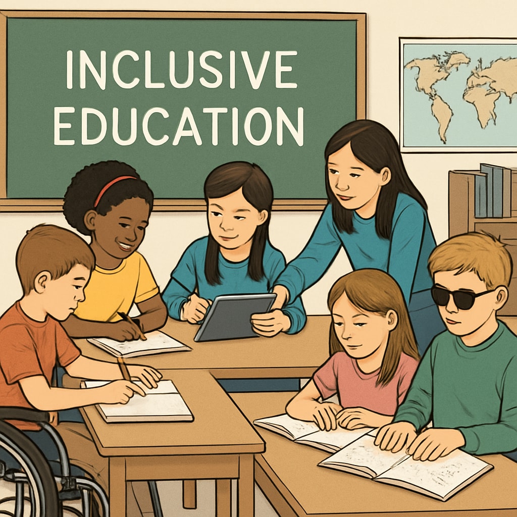 Students of different abilities collaborating in a classroom, promoting inclusive education.