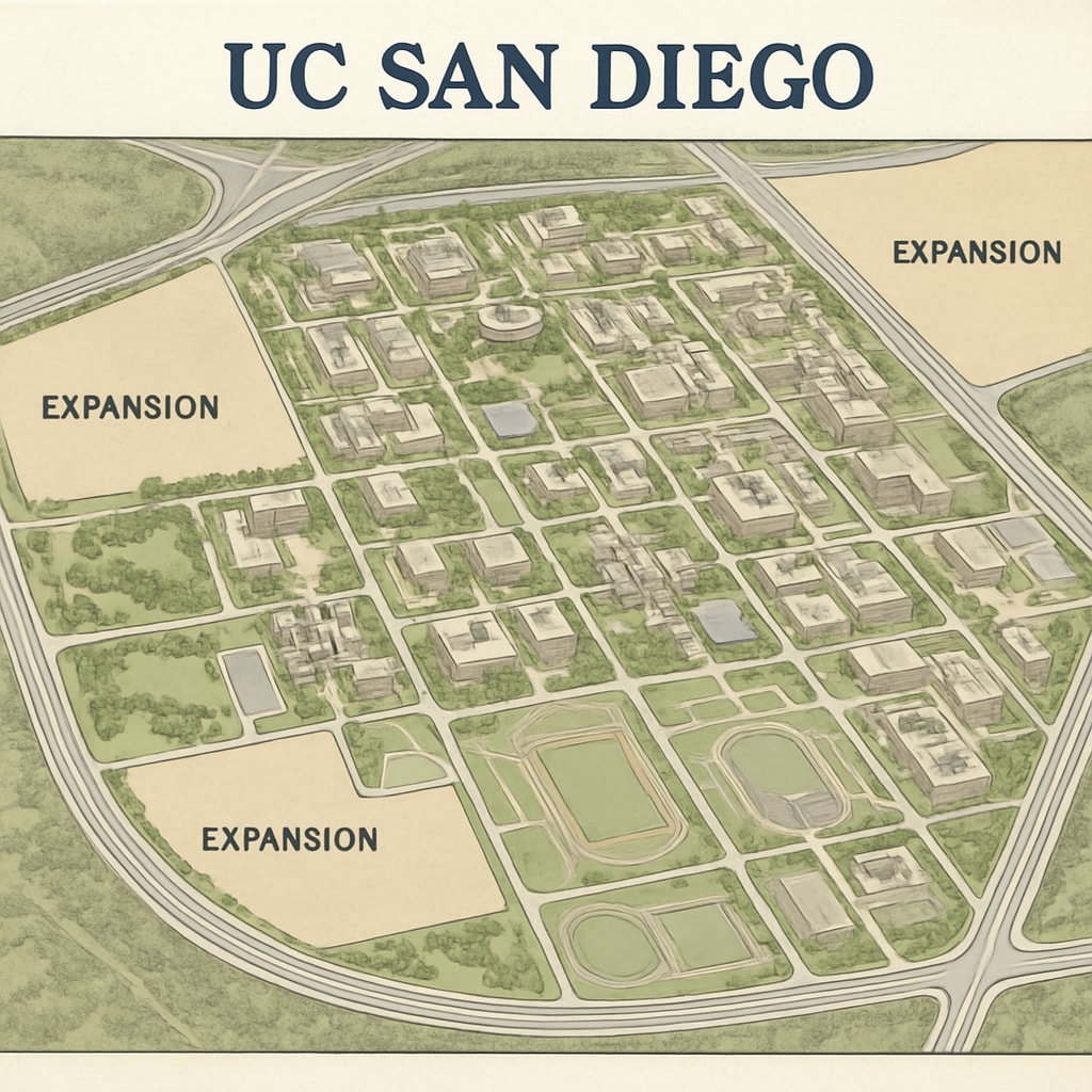 Aerial view of UC San Diego campus, showcasing its vast infrastructure and potential for expansion. Aerial view of UC San Diego campus, related to its expansion plan and educational growth.