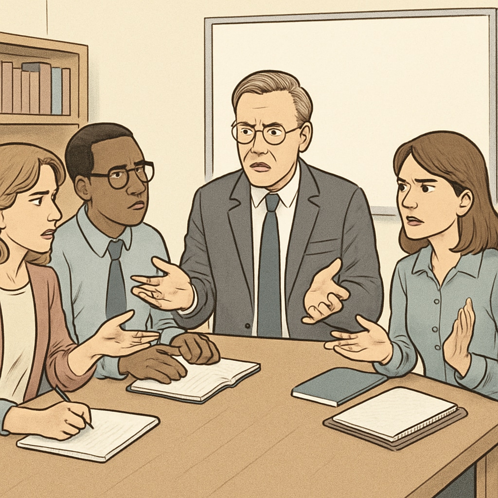 A group of teachers in a meeting, visibly discussing disagreements with their supervisor. Teachers debating with an academic supervisor about professional issues.