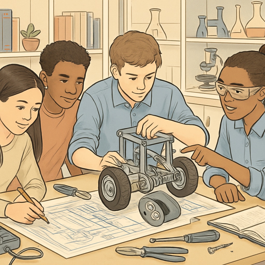 A group of high school students in a STEM lab, working collaboratively on an engineering project. High school students engaging in STEM activities, reflecting the emphasis on STEM education driven by UC San Diego's expansion.