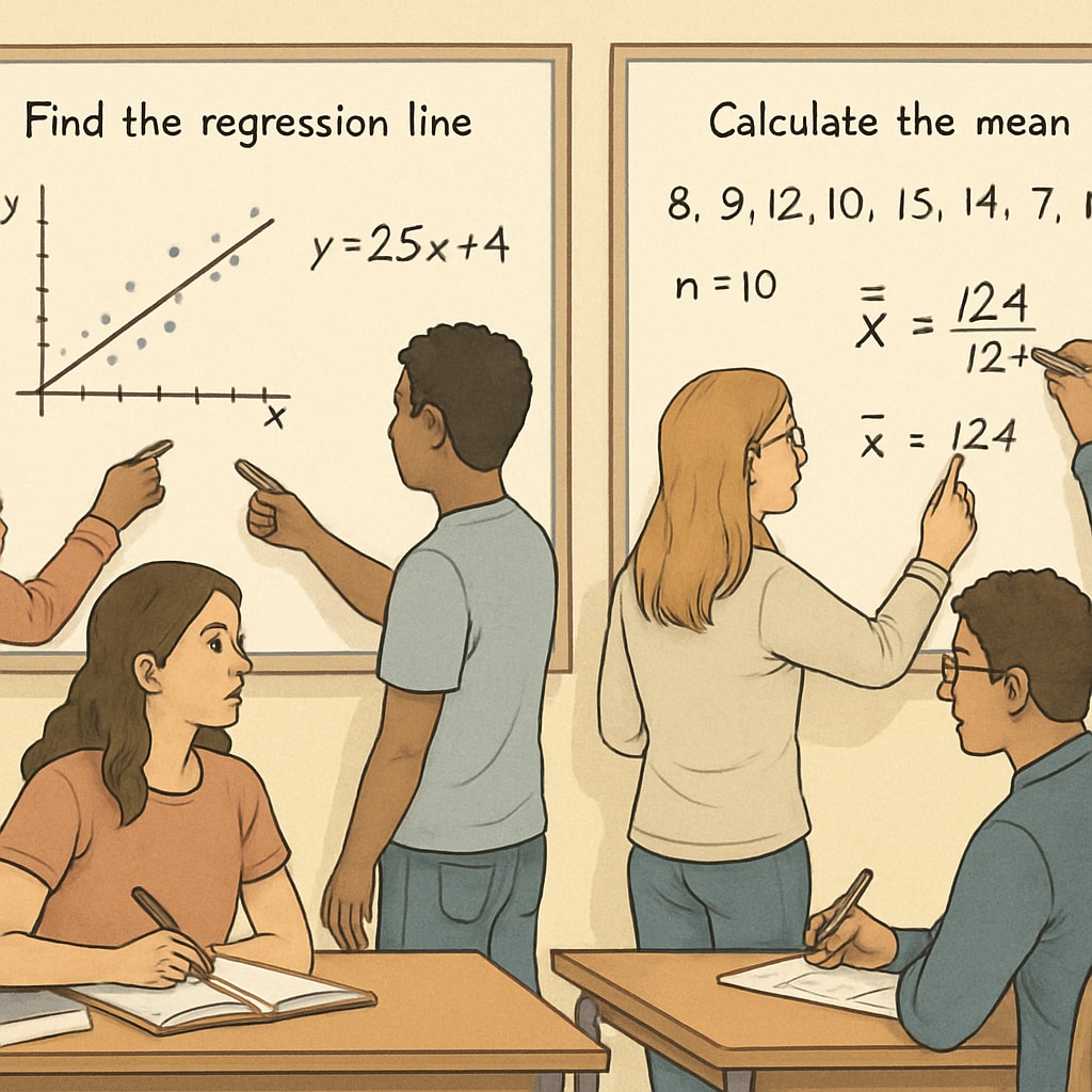 A classroom setting where students are solving statistical problems on whiteboards, illustrating the collaborative nature of AP Statistics. Students solving statistical problems in a classroom for AP Statistics.