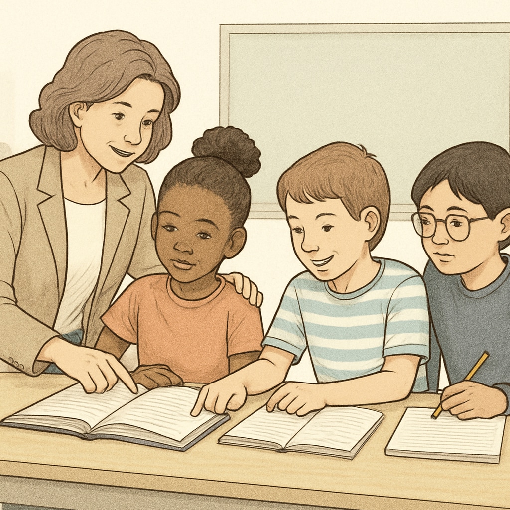 A teacher engaging with a diverse group of students, highlighting cooperative learning.