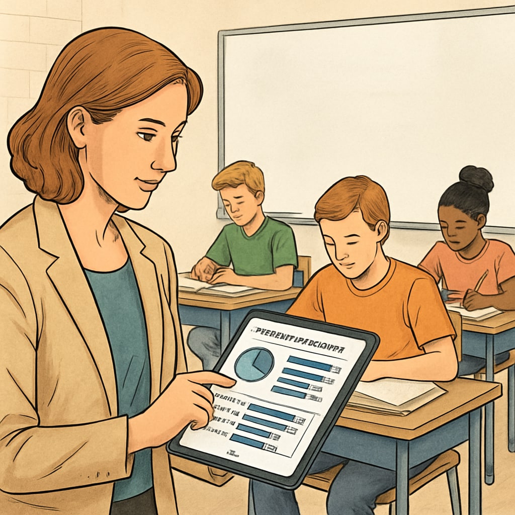 A teacher using a digital assessment platform to evaluate student performance in a classroom setting. Digital assessment platform for K12 student evaluations.