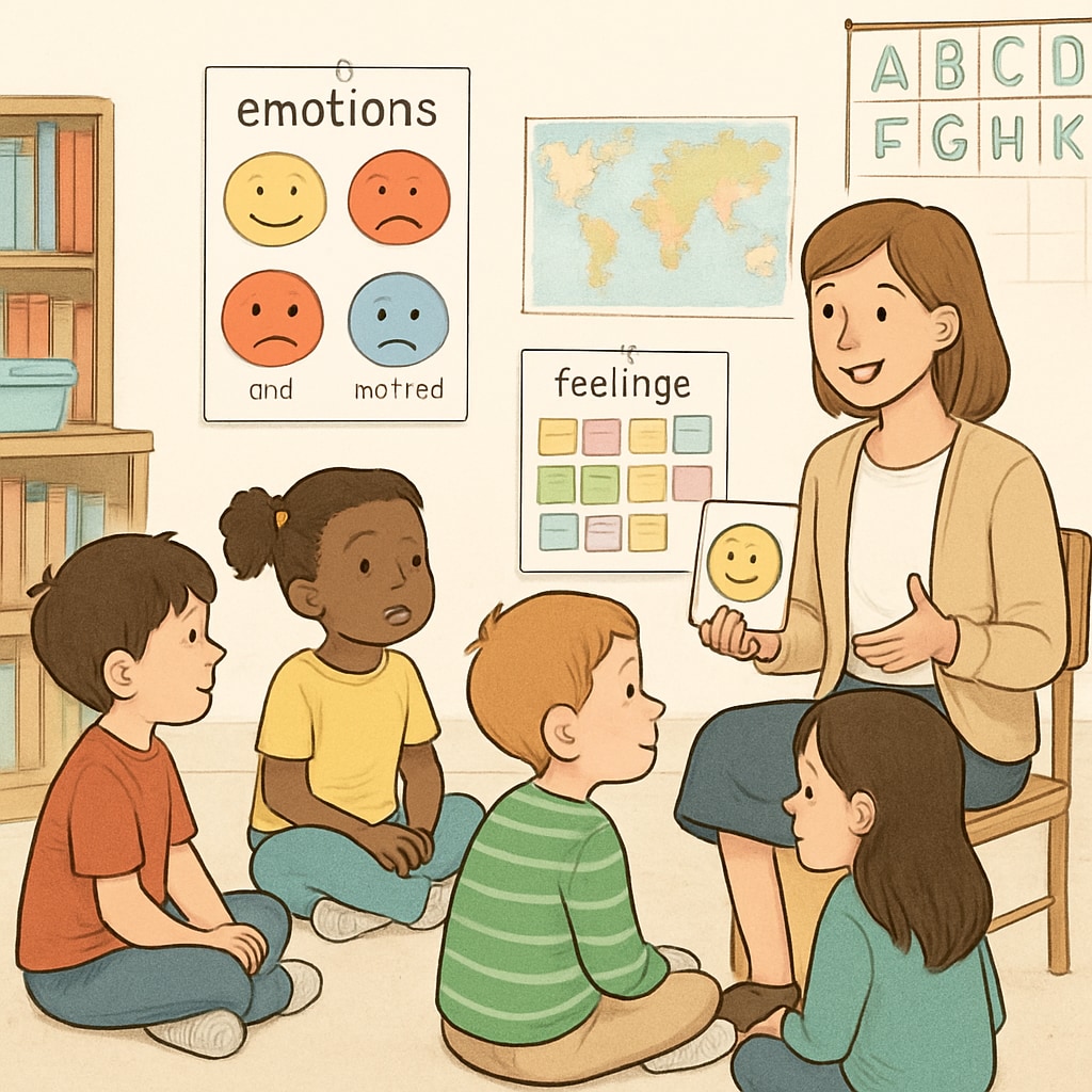 A group of children in a classroom engaging in a guided emotional education activity. Children participating in an emotional education activity at school.