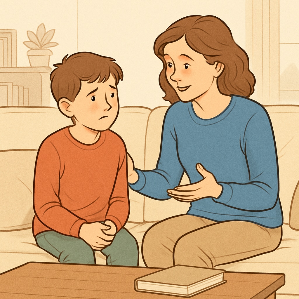 A parent and child discussing emotions together at home. Parent teaching child about emotions during a family conversation.