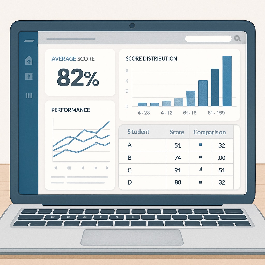 A close-up of a computer screen displaying detailed analytics from a student assessment software. Analytics from a K12 student assessment tool.