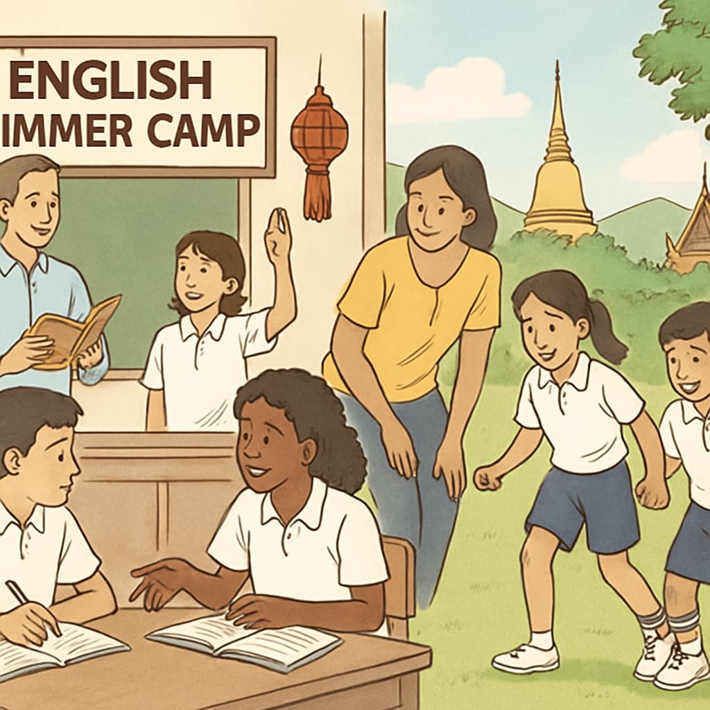Students and teachers engaged in a Thailand English summer camp activity