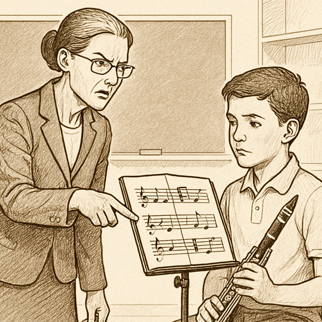A teacher sternly guiding a student during a music lesson, representing strict educational methods. Strict teaching methods in action during a music lesson.