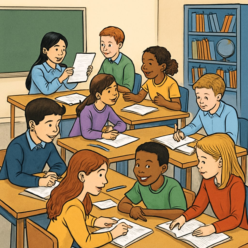 A classroom setting with students engaged in group activities, symbolizing collaborative learning and critical thinking. Students collaborating in a classroom, showcasing critical thinking and personal growth.