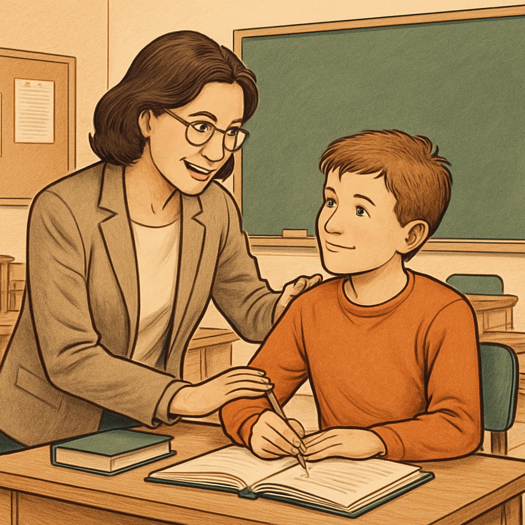 A teacher offering encouragement to a student in a classroom setting, symbolizing emotional care in education. Emotional care in education as a teacher encourages a student.