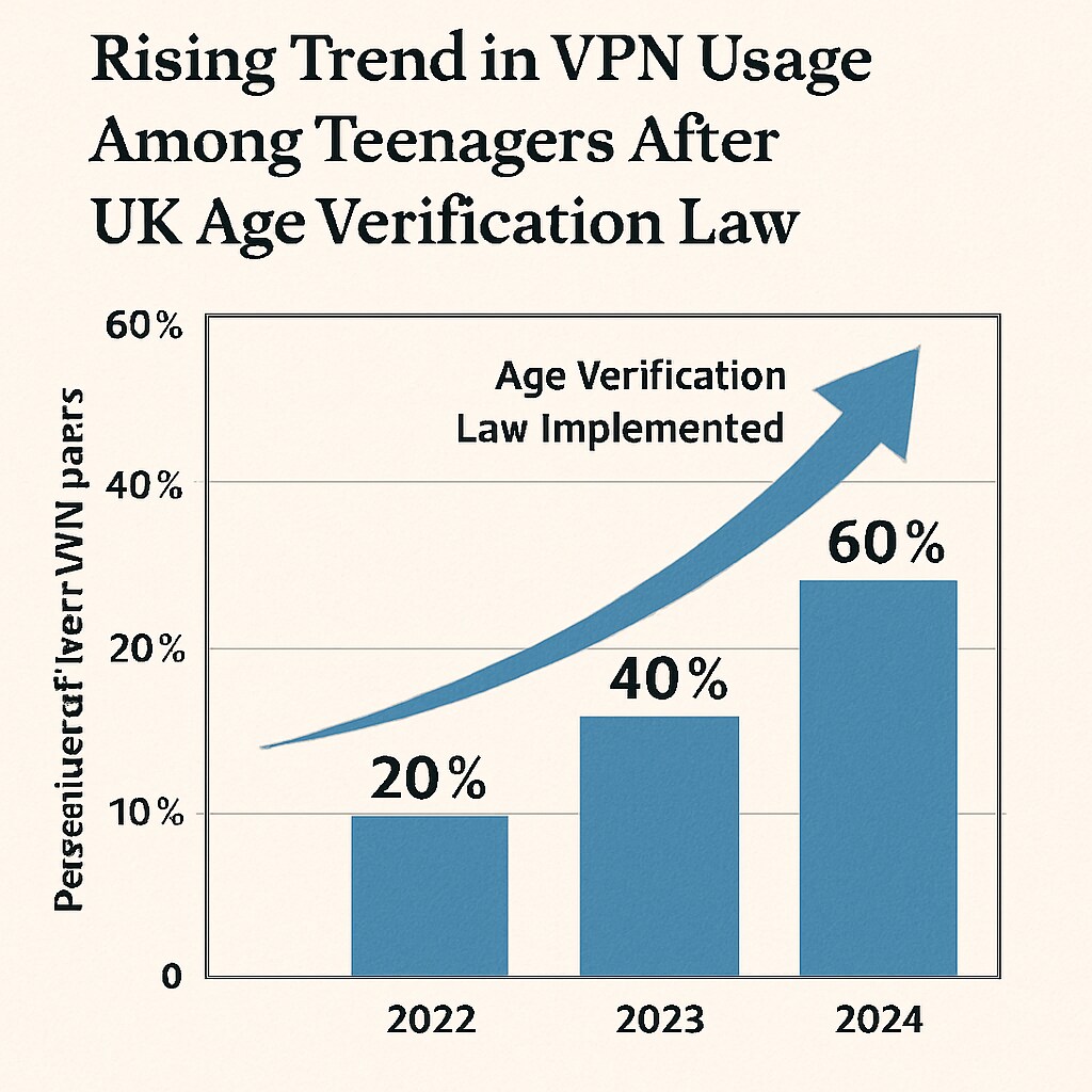 A graphic showing the rising trend of VPN usage among teenagers after the UK age verification law implementation. The graph includes statistics and visual elements like upward arrows. Chart depicting VPN usage increase among UK teens post-age verification law.