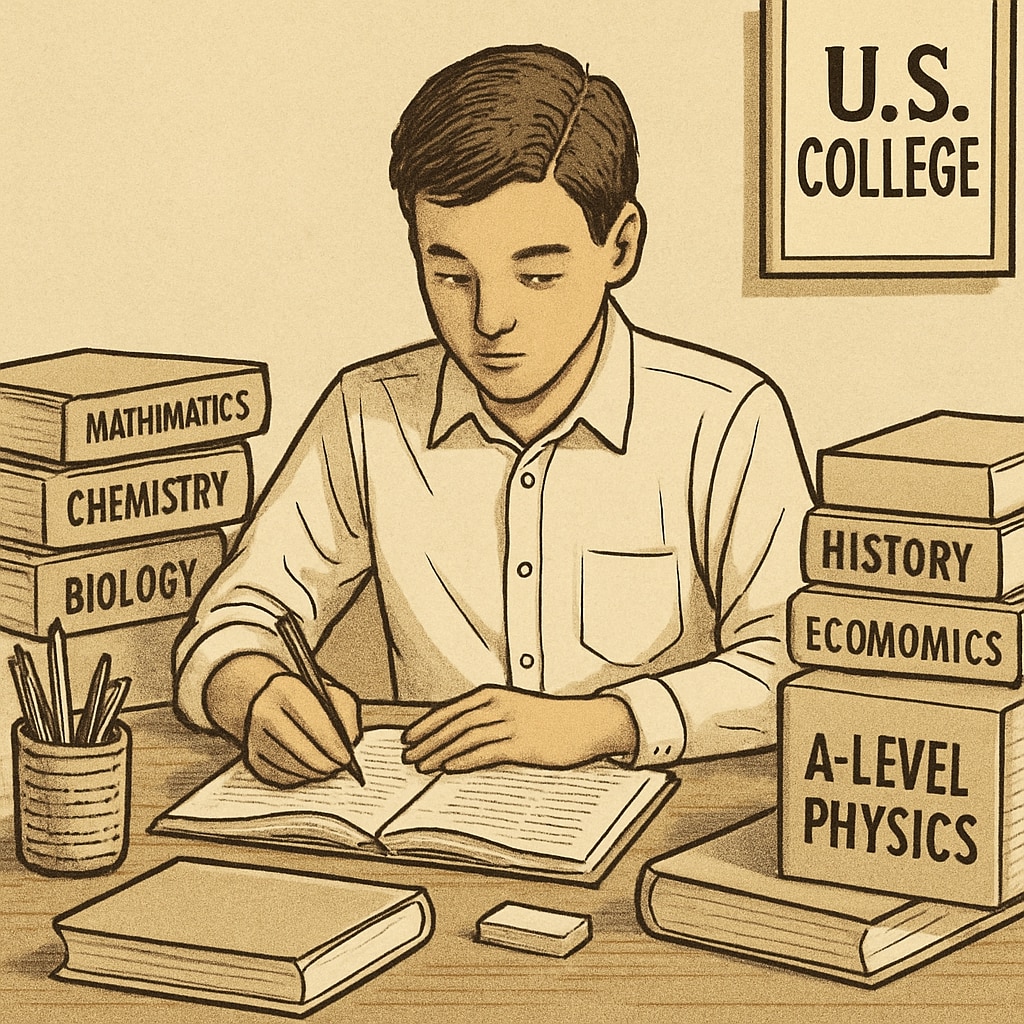 A student studying A-level textbooks, symbolizing preparation for U.S. college applications. Student preparing for U.S. college applications with A-level textbooks.