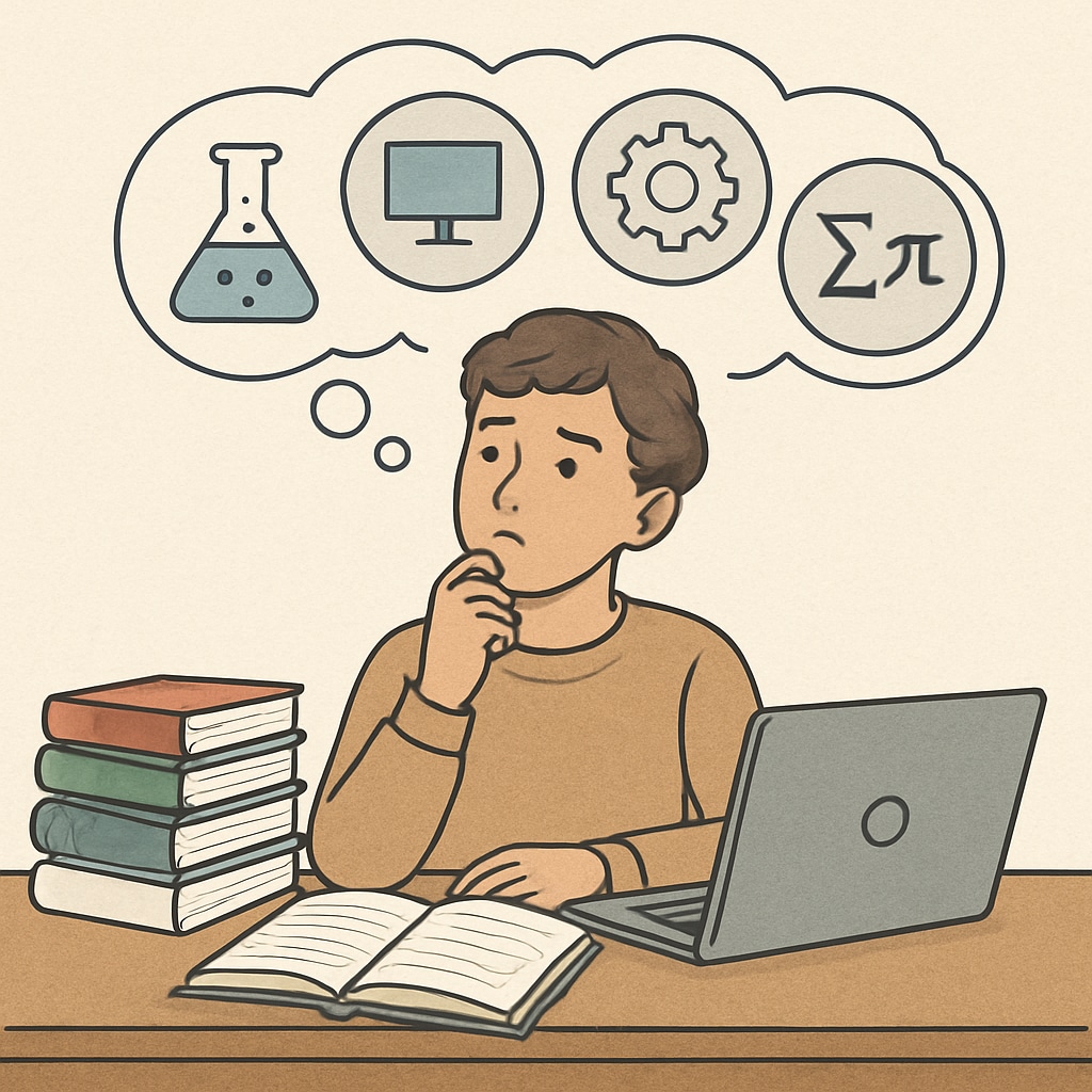 A student sitting at a desk, surrounded by textbooks and a laptop, contemplating career options in STEM fields. A STEM student considering career choices in computer science, bioengineering, and medicine.