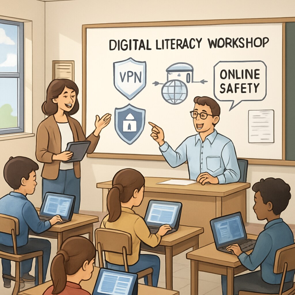 A classroom setting where students are engaging in a digital literacy workshop, with teachers explaining VPNs and online safety. The image highlights the importance of education in addressing online challenges. Students in a classroom learning about VPNs and online safety in a digital literacy workshop.