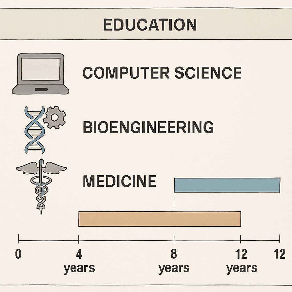 A timeline graphic comparing the education and training durations for computer science, bioengineering, and medicine. Education timeline comparison for STEM fields: computer science, bioengineering, and medicine.