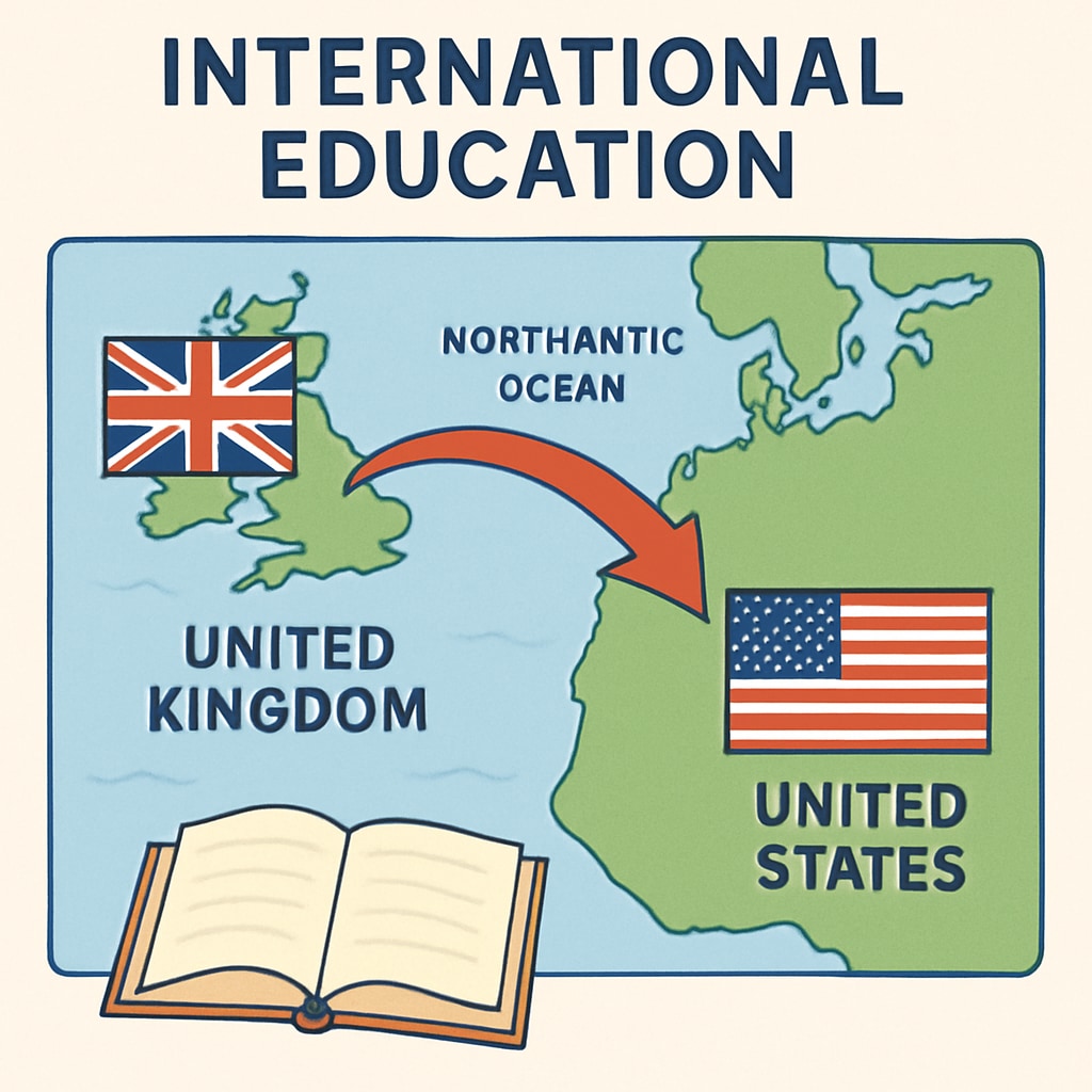 A map connecting the UK and the U.S., symbolizing international education pathways. Map showing the connection between the UK and U.S. for education.