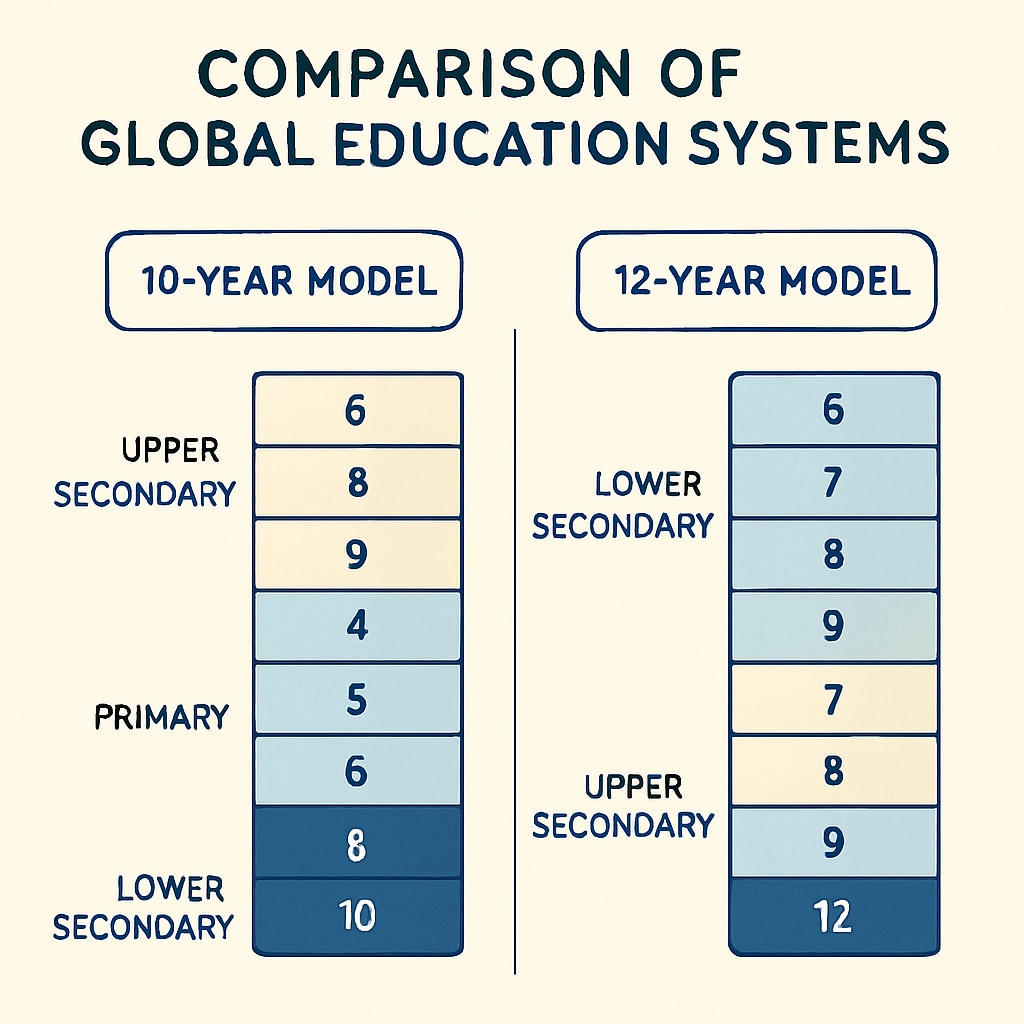 A graphic showing global education systems with varying year structures, highlighting the 10-year and 12-year models. Global education systems graphic displaying 10-year and 12-year structures.