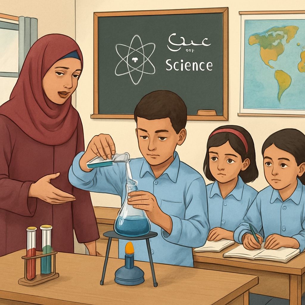 A classroom in Gaza showing students engaged in a science experiment. The students appear focused, and the teacher is guiding them through the process. A Gaza classroom where students are conducting a science experiment as part of their education curricula.