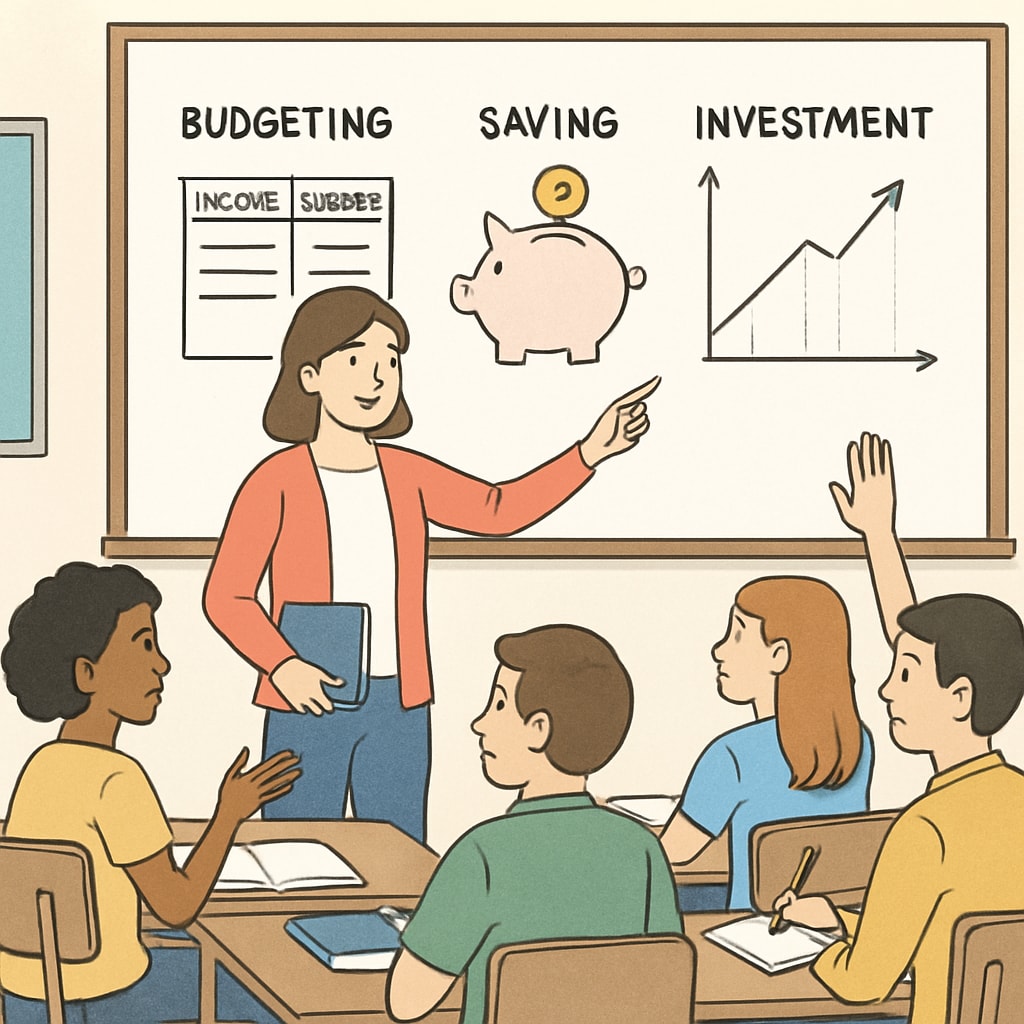 A classroom discussion on financial literacy, showing students learning about topics such as budgeting, saving, and investment planning. Students learning about financial literacy in a classroom setting.