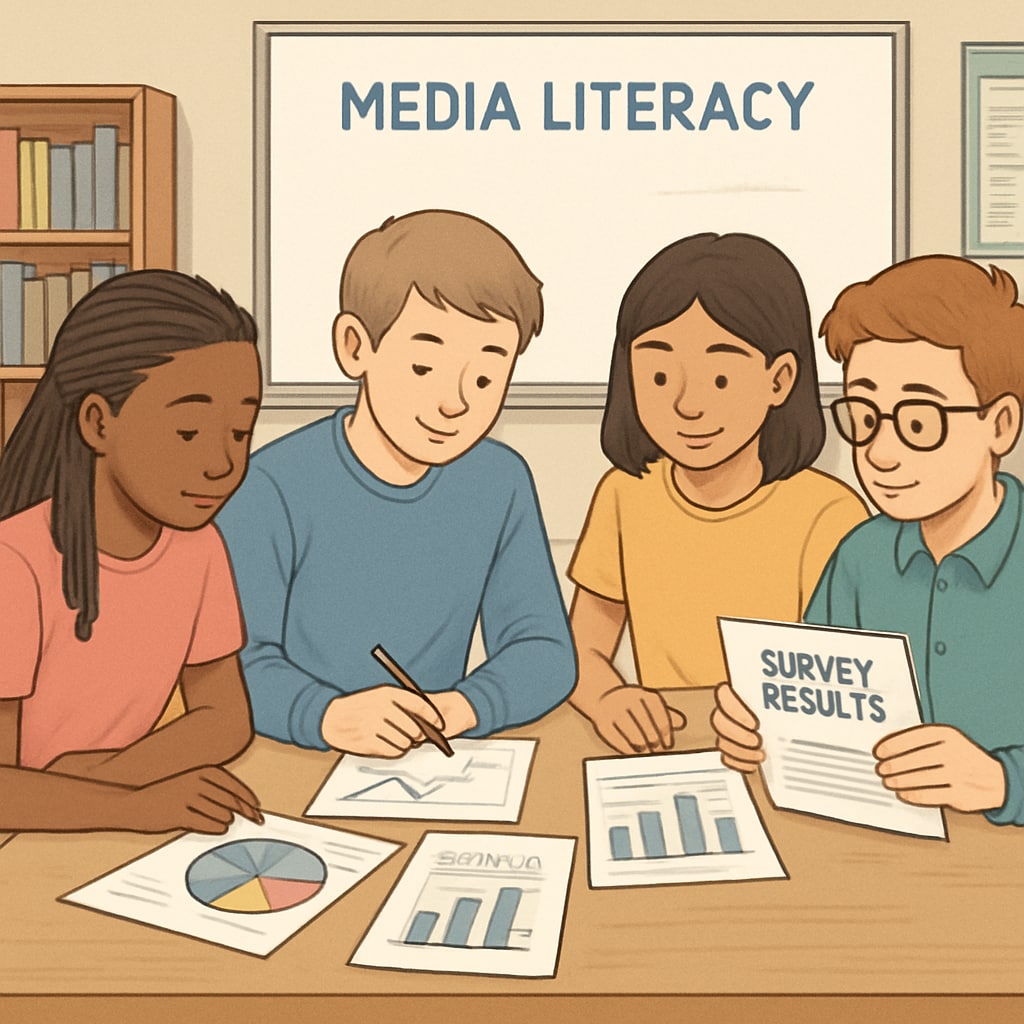 A group of K12 students working collaboratively on a media literacy project, analyzing survey results. K12 students working on a media literacy project using survey data.