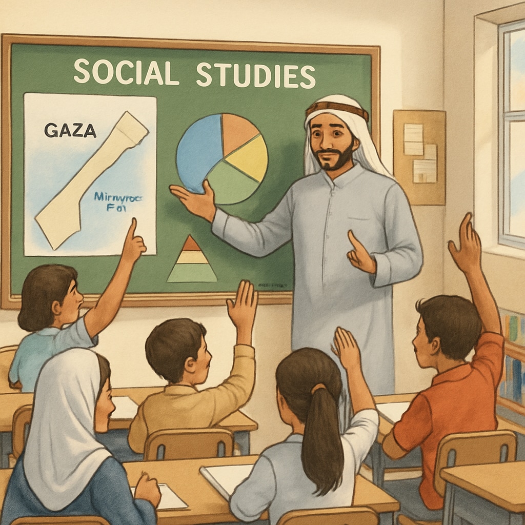 A teacher in Gaza conducting a social studies lesson using interactive tools like maps and diagrams. Students seem engaged and participative. A Gaza teacher delivering a social studies lesson with interactive tools, demonstrating curriculum planning in action.