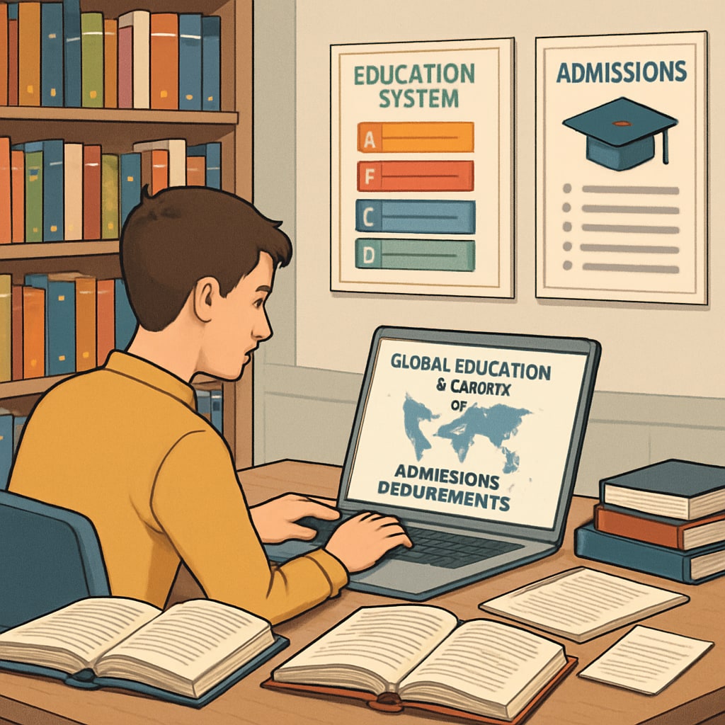 A student in a library, researching global education systems and admissions requirements on a laptop. Student researching education systems and admission requirements for study abroad.