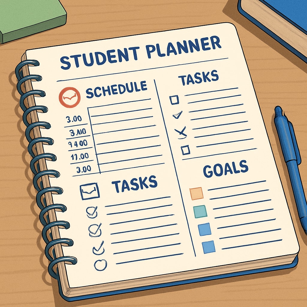A well-organized student planner, emphasizing the importance of time management skills in balancing academic and personal life. A student planner demonstrating effective time management techniques.