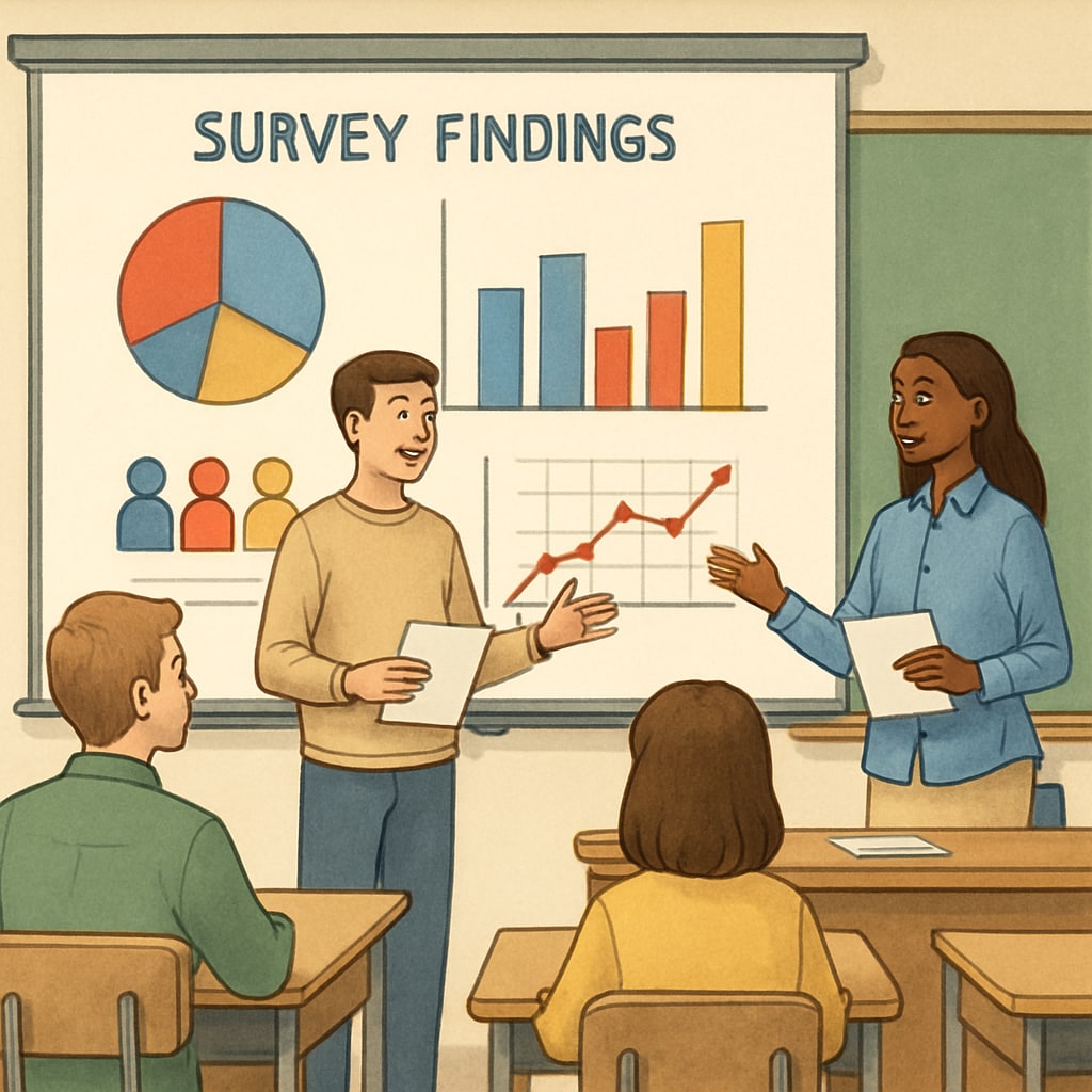 Students presenting their survey findings using charts and graphs in a classroom setting. K12 students presenting survey findings on media literacy in a classroom.