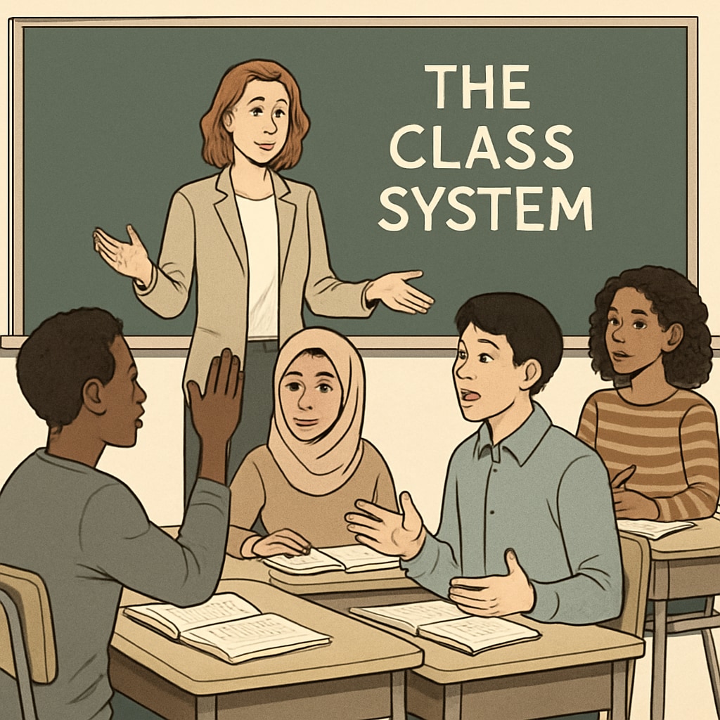 A classroom discussion about the class system, featuring diverse student engagement. Students in a social studies classroom discussing the class system, with a focus on education content.