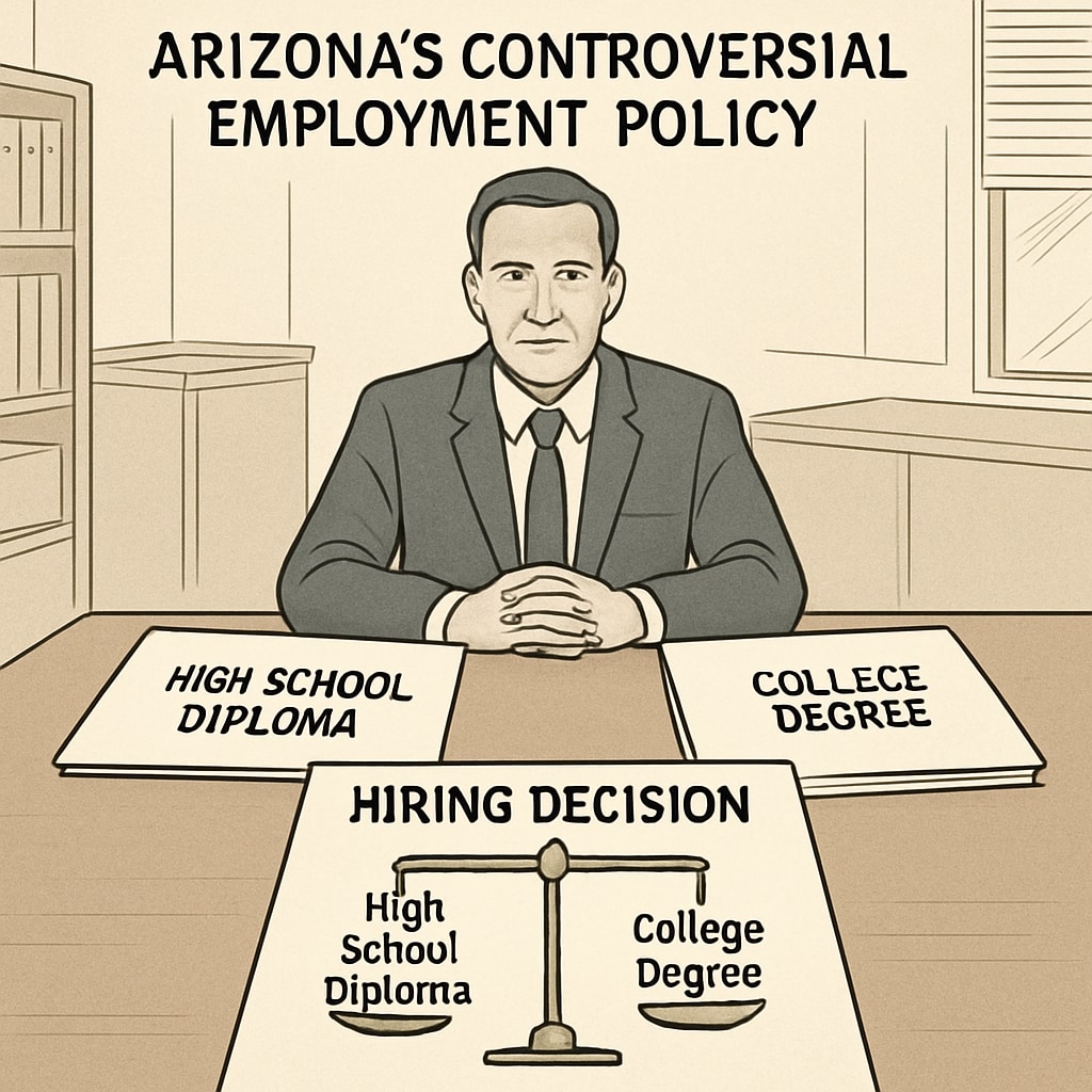 A hiring decision process that prioritizes high school diplomas over college degrees, representing Arizona’s controversial employment policy. High school diploma prioritized over college degrees in hiring decisions.