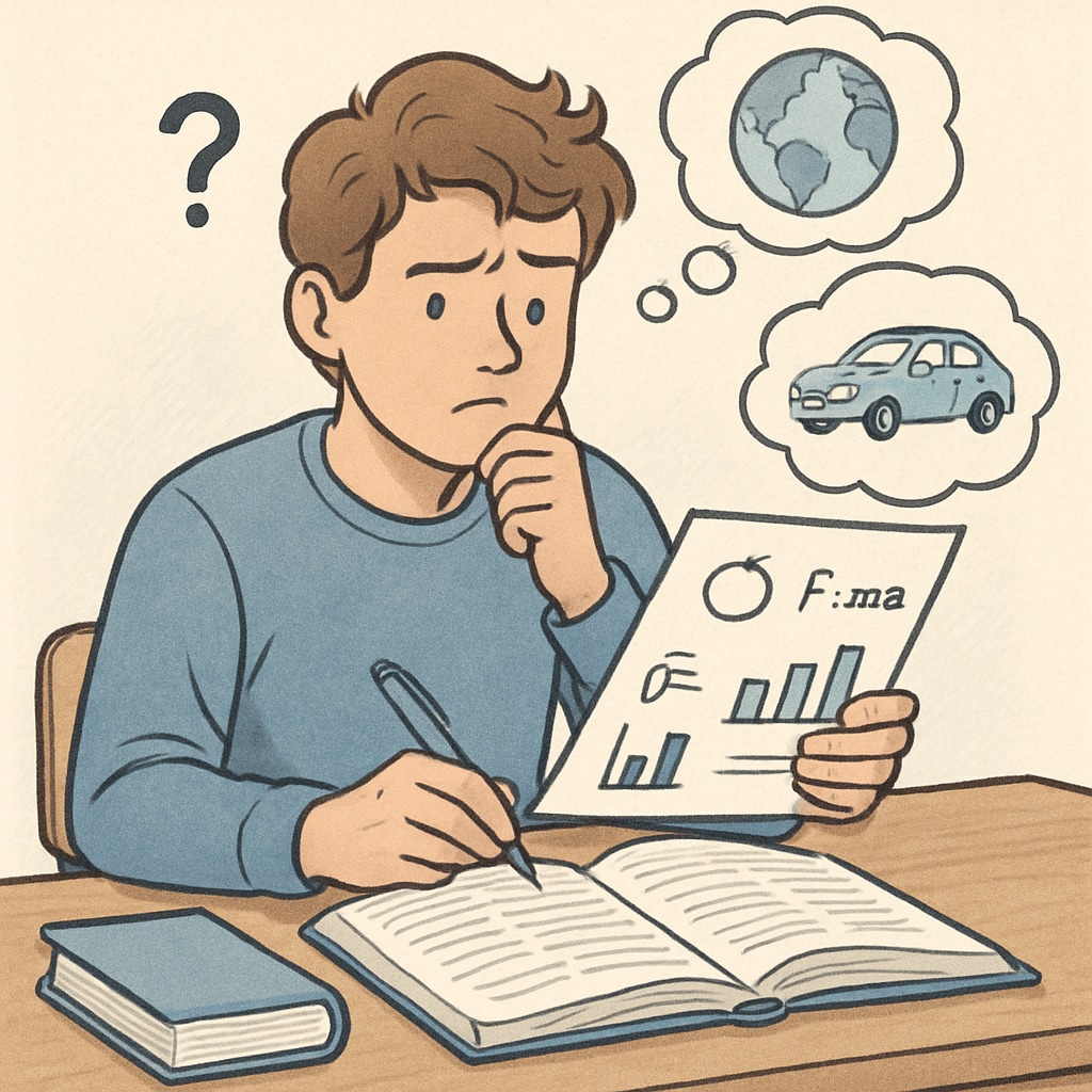 A student sitting at a desk, revisiting notes, looking puzzled while applying theoretical concepts to real-world problems. A student struggling with theoretical applications post-course, illustrating delayed learning confusion.