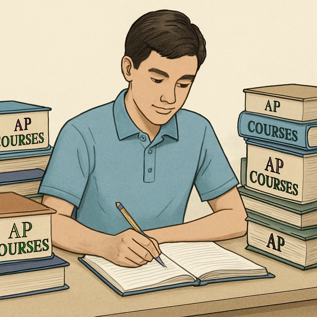 A high school student sitting at a desk with textbooks labeled High school student planning AP courses with textbooks on a desk.