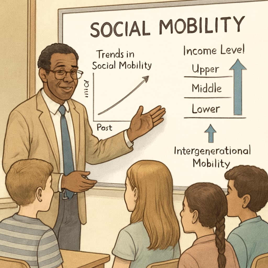 An educator using a whiteboard to explain social mobility trends to middle school students. Teacher explaining social mobility in a social studies class about class systems.