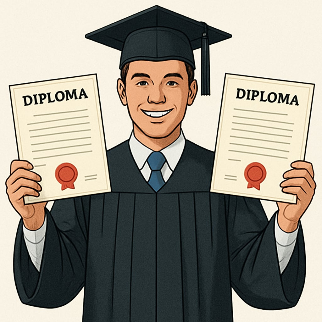 A college graduate holding diplomas, visually portraying their academic achievements and the debate over education value. College graduate showcasing diplomas to highlight education achievements.