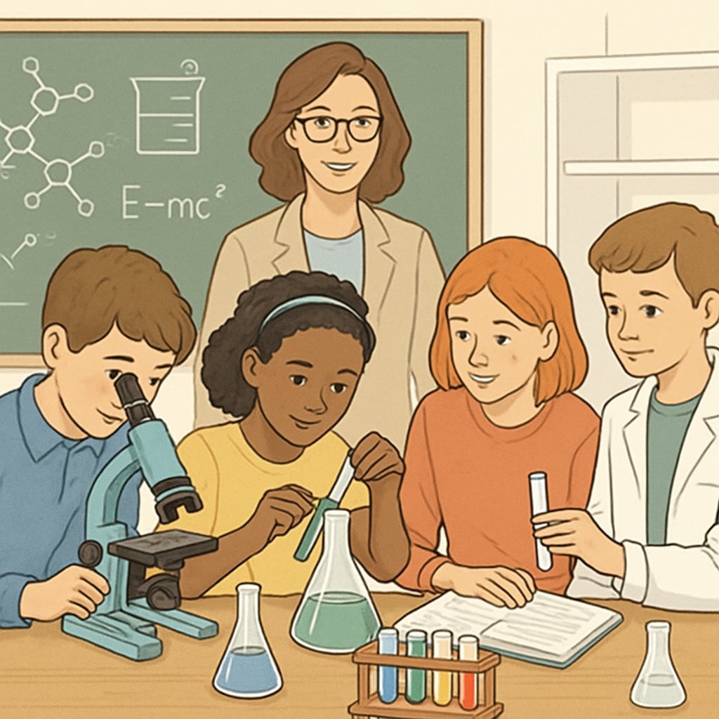 A group of students collaborating on a practical science project, bridging theoretical knowledge with hands-on application. Students engaging in a practical project to connect theory with application, tackling delayed questions.