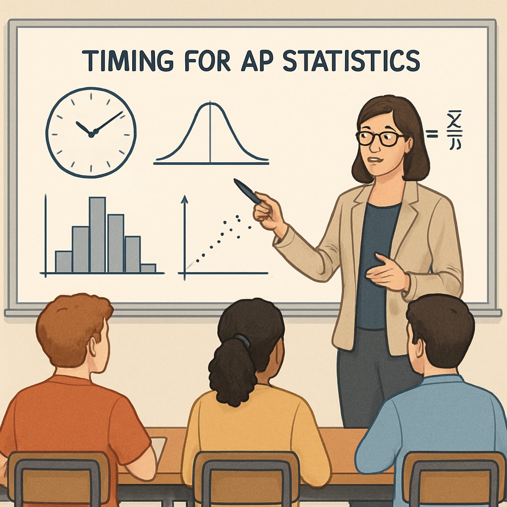 A classroom setting with a teacher explaining statistics concepts on a whiteboard, emphasizing the importance of timing for AP Statistics. Teacher explaining AP Statistics concepts in a classroom.