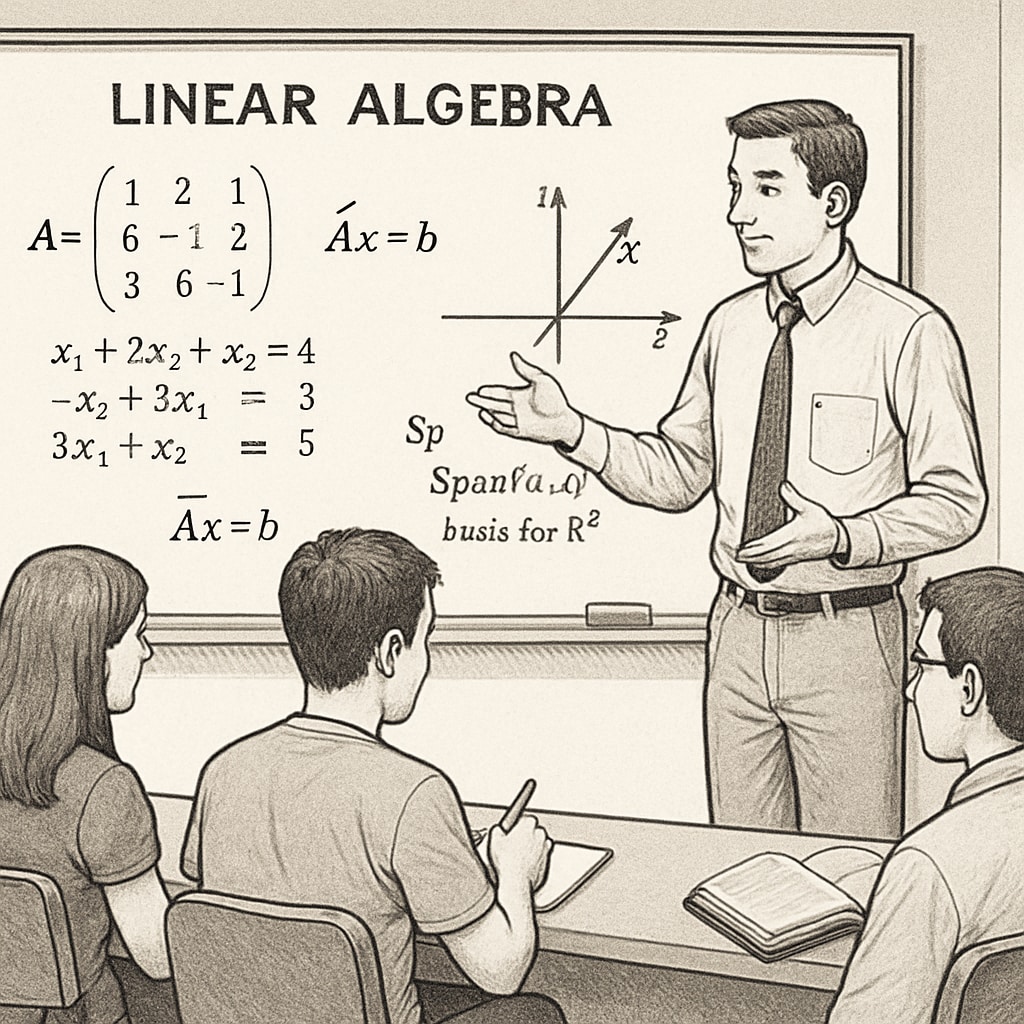 A classroom setting with students learning linear algebra concepts on a whiteboard, relevant for biostatistics preparation. Students learning linear algebra concepts for biostatistics preparation.