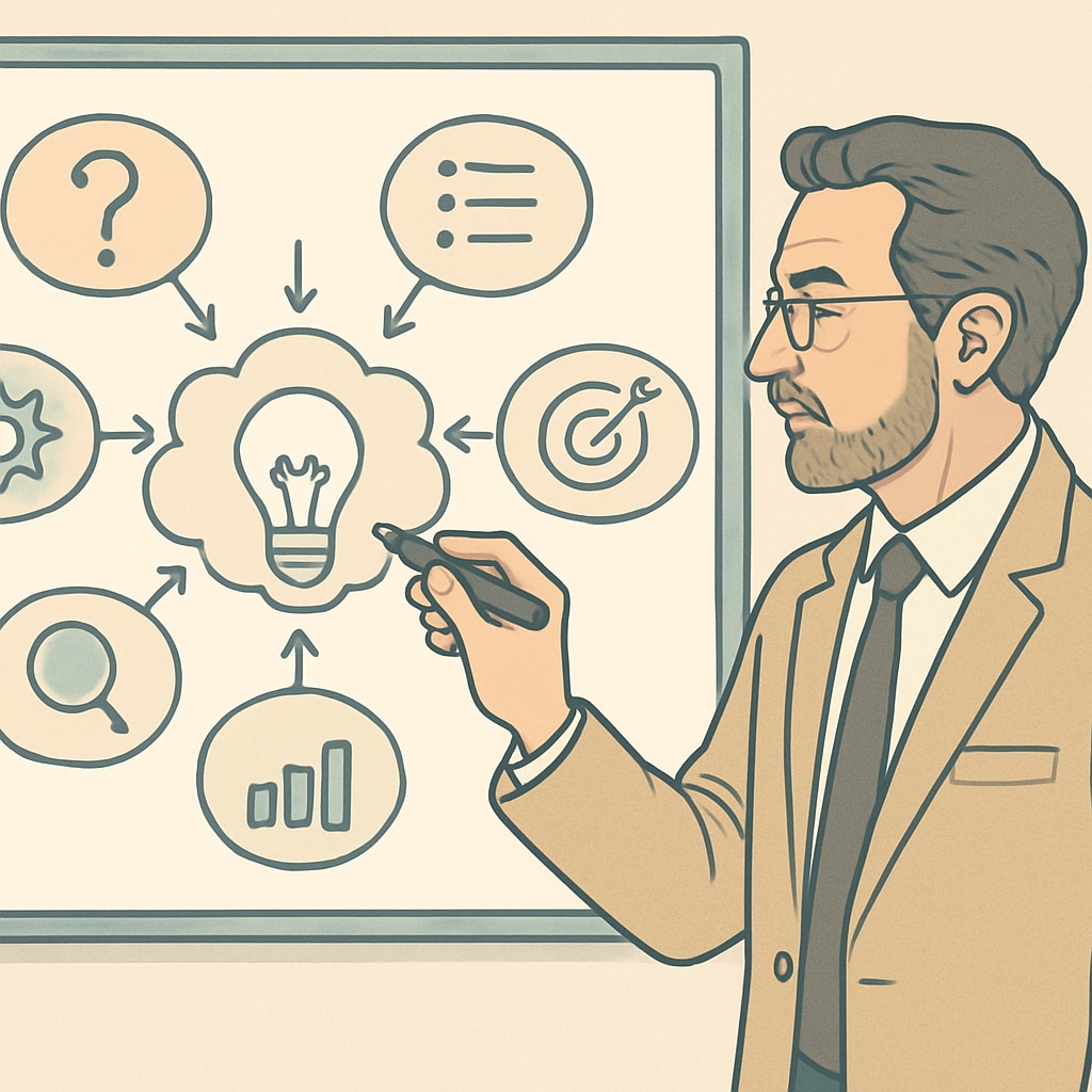 A teacher brainstorming research questions on a whiteboard.