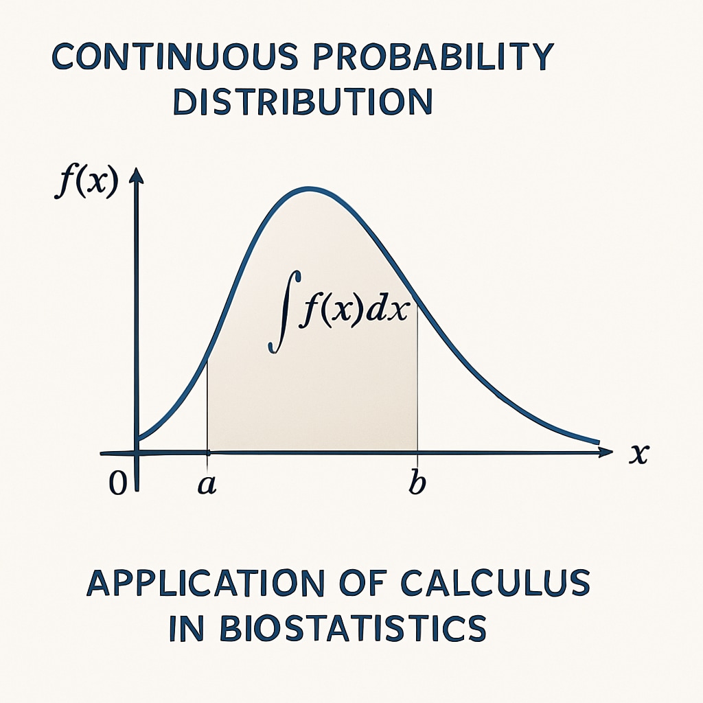 A graph showing a continuous probability distribution curve, illustrating the importance of calculus in biostatistics. A graph demonstrating the relevance of calculus for biostatistics preparation.