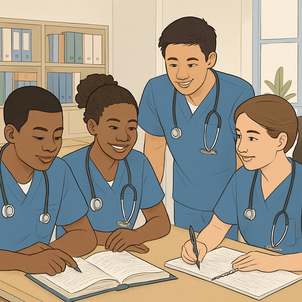 A diverse group of nursing students working collaboratively in a classroom setting, symbolizing teamwork and knowledge sharing. Nursing students collaborating in a classroom environment, emphasizing teamwork and learning.