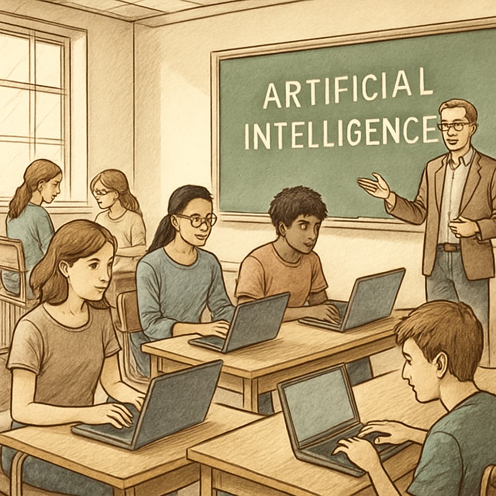 Undergraduate students working on AI projects in a classroom environment.