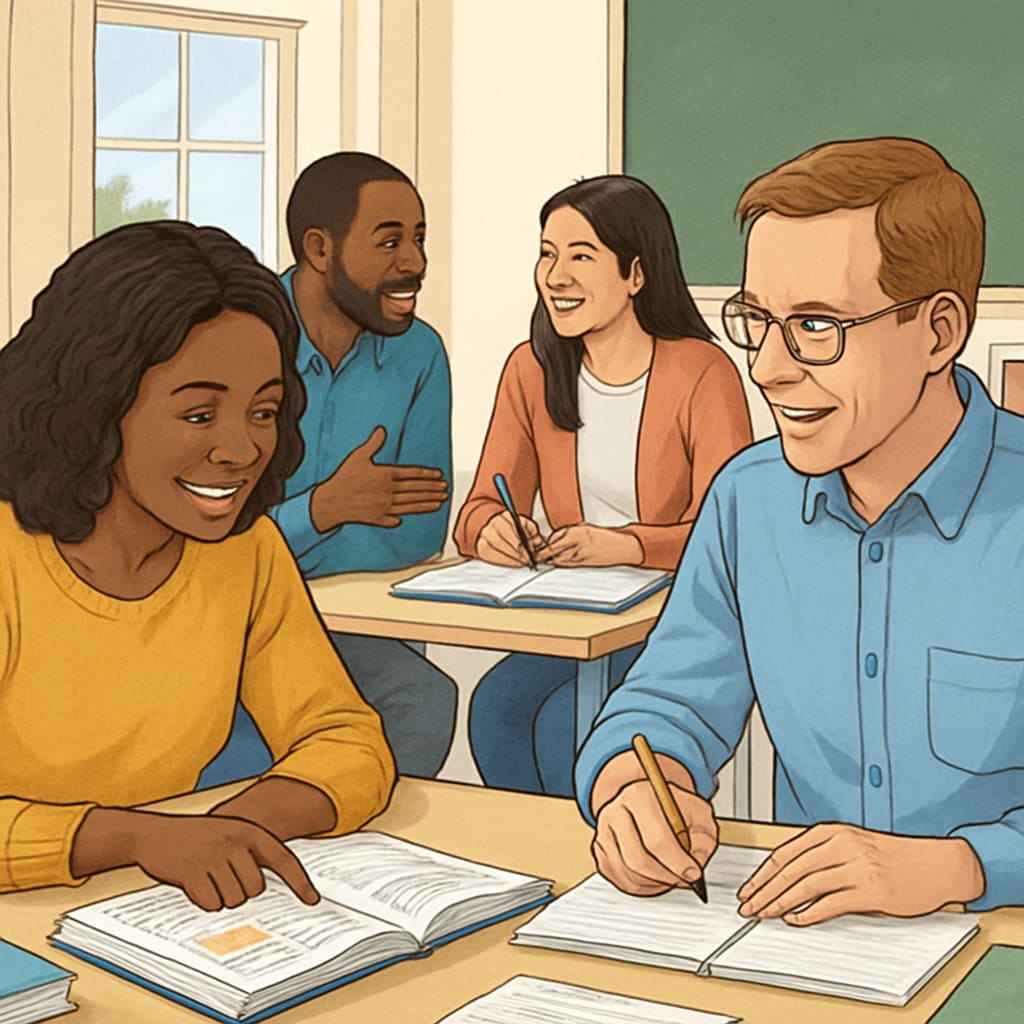 A diverse group of adults studying together in a classroom, symbolizing lifelong learning. Adult learners in a classroom setting, emphasizing lifelong education.