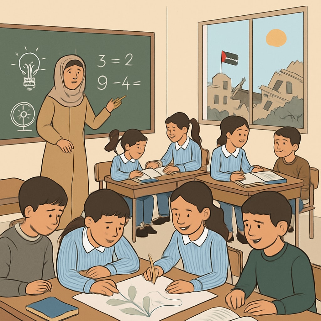 Students in Gaza public schools participating in group learning activities, representing curriculum rebuilding.