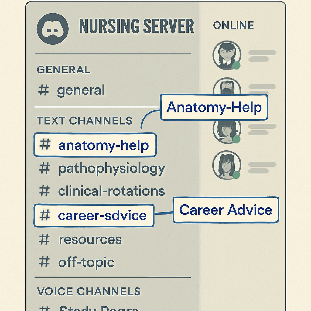 A screenshot of a well-organized Discord server highlighting nursing-related channels, such as Discord server interface showing nursing-focused channels for students.