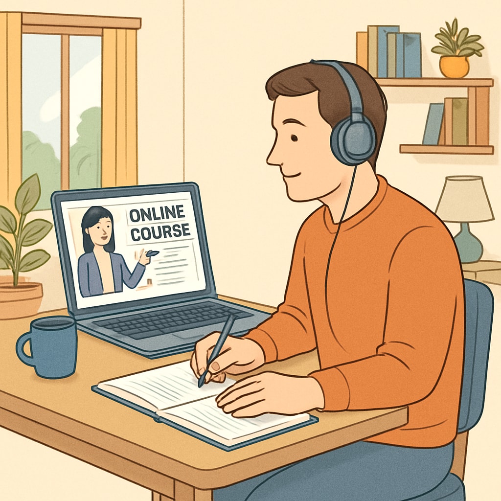 An adult using a laptop at home to take an online course, highlighting the flexibility of modern education. Adult using a laptop for an online course, showcasing flexible learning options.