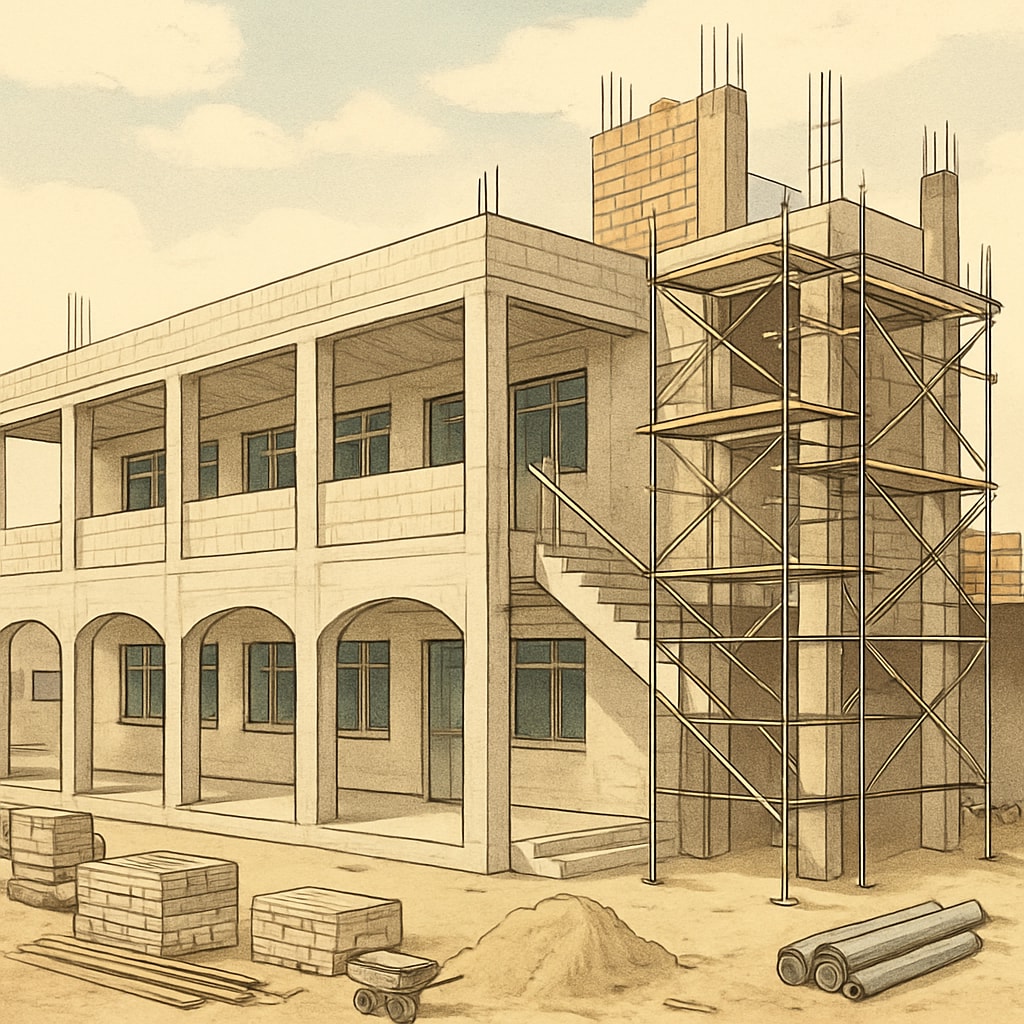 A newly reconstructed school building in Gaza, emphasizing the physical rebuilding of education infrastructure.